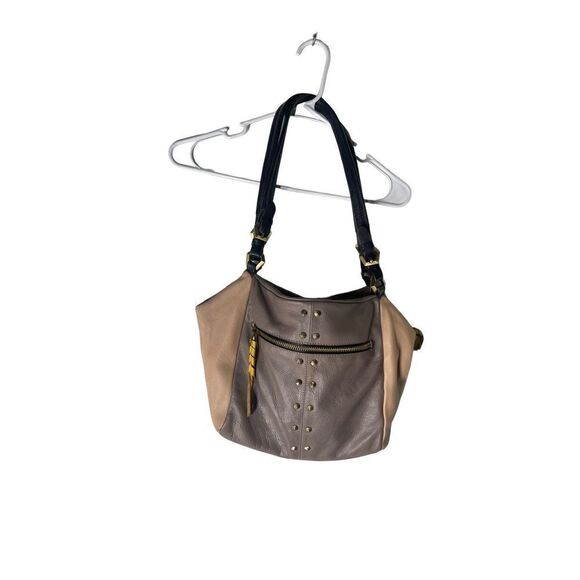 orYANY Neutral Colorblock Pebble Leather Double Zipper Studded Tote Shoulder Bag - Picture 1 of 12